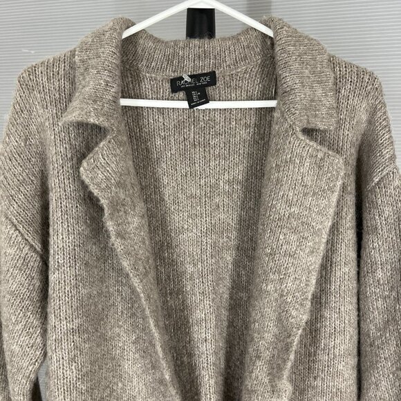 Rachel Zoe Wool Blend ColorBlock‎ Stripe Mid Length Knit Open Cardigan Brown Tan - Picture 2 of 15